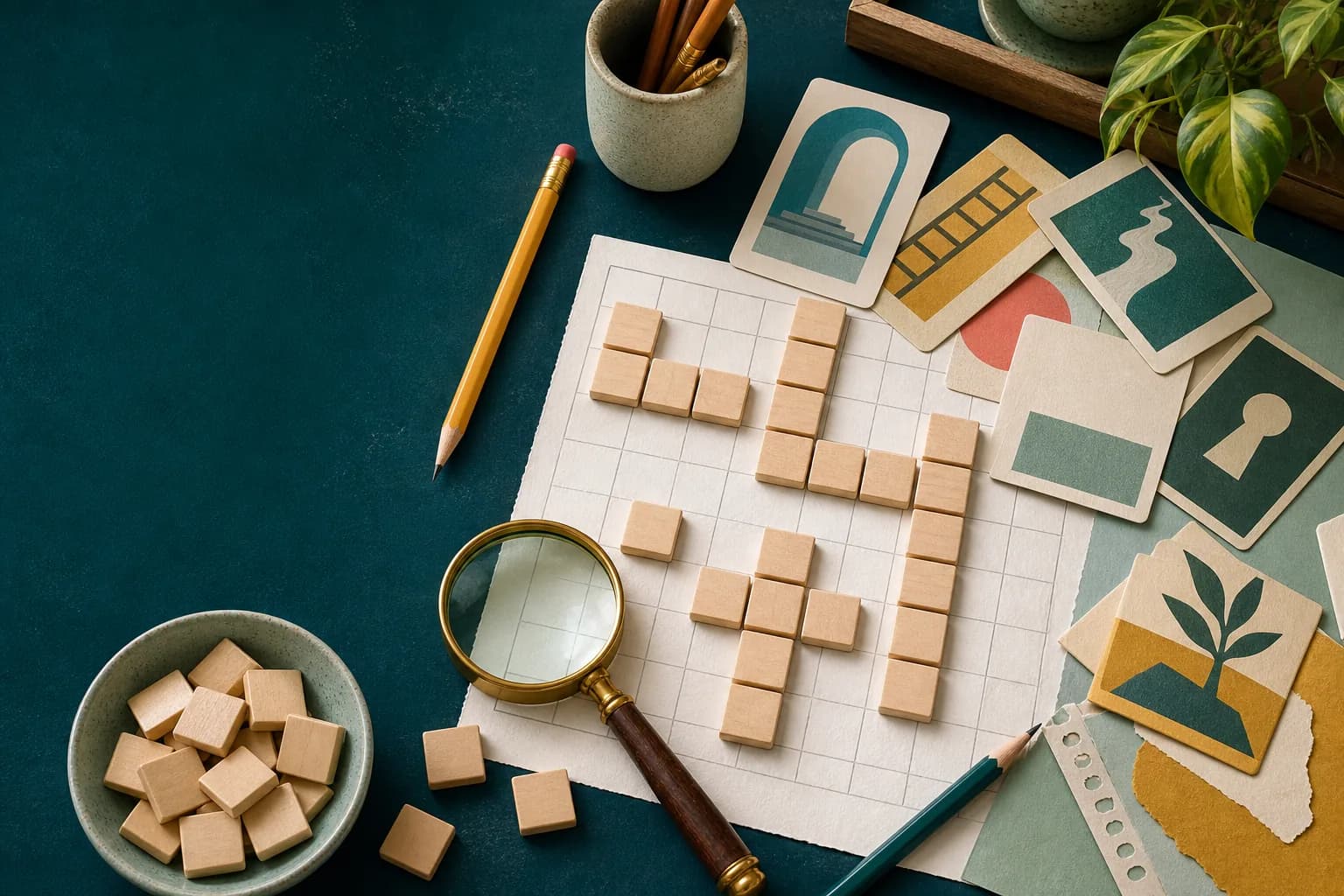 Original illustrated word puzzle workspace with letter tiles and clue cards
